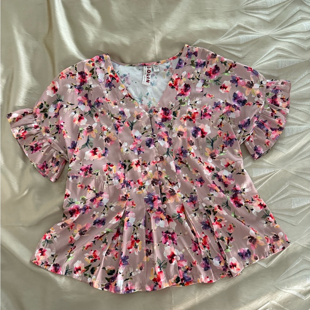 Anthropologie Pink Floral Ruffle-Sleeve Blouse